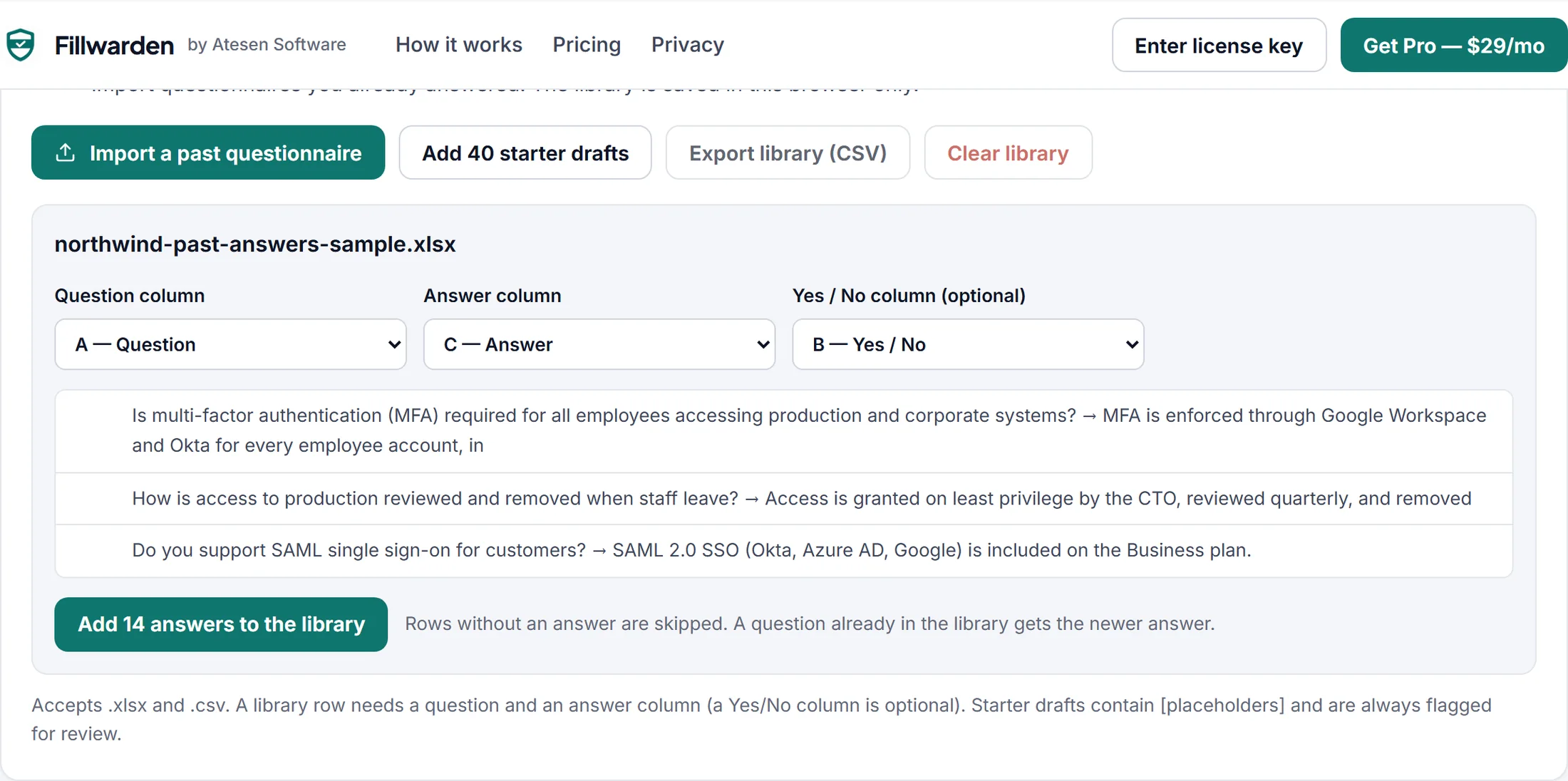 Importing a past questionnaire: Fillwarden shows the detected question, answer and Yes/No columns with a preview of the rows