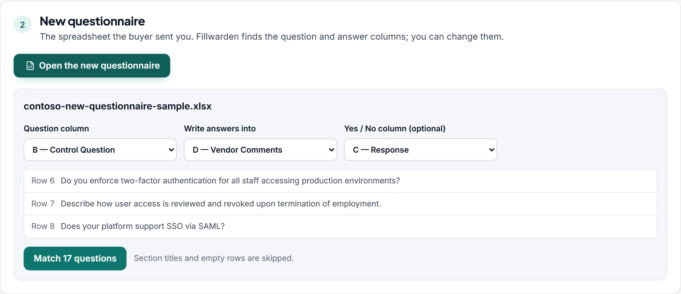 Opening a new questionnaire: Fillwarden selects the Control Question column, writes answers into Vendor Comments and Yes/No into Response