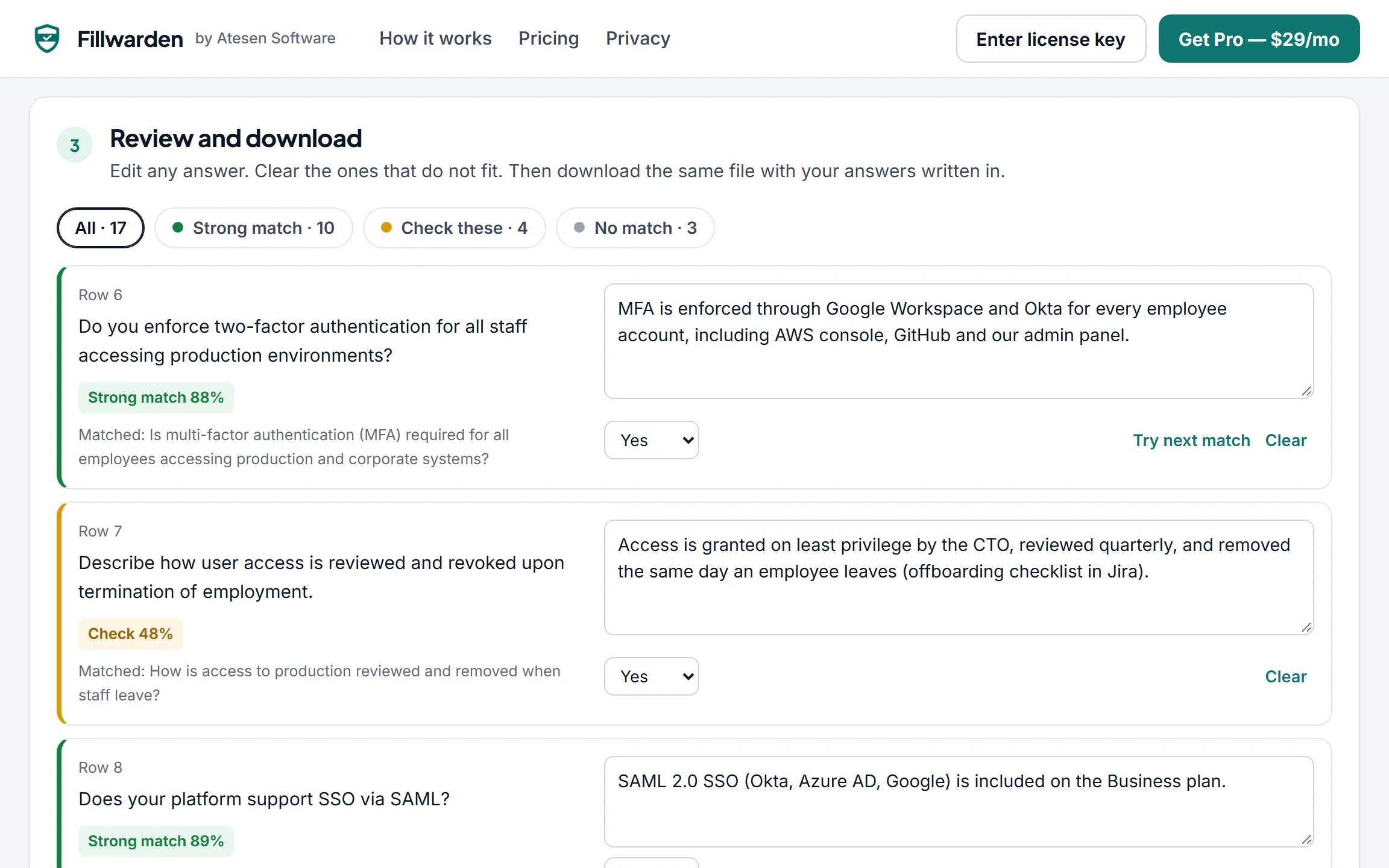 Fillwarden review screen: a buyer questionnaire with rows marked Strong match, Check, or No match, each with the matched answer from the library ready to edit